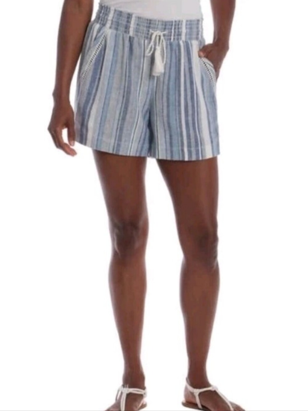 NWT Briggs Linen Blend Striped Embroidered Pockets Light Blue Shorts